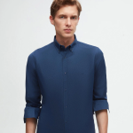 Slim Fit İndigo Oxford Düğmeli Yaka Kolay Ütülenebilir Nakış Detaylı Pamuklu Gömlek