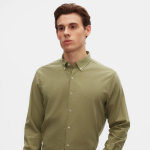 Comfort Yeşil Düğmeli Yaka Rahat Kesim Keten Görünümlü %100 Pamuk Gömlek