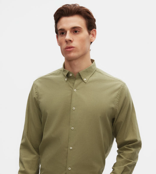Comfort Yeşil Düğmeli Yaka Rahat Kesim Keten Görünümlü %100 Pamuk Gömlek