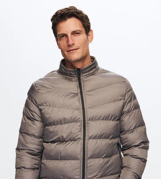 Slim Fit Gri Rüzgar Geçirmez Elyaf Dolgulu Şişme Mont