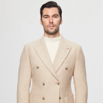 Slim Fit Bej Örme Çift Yırtmaçlı Yünlü Kruvaze Kumaş Ceket