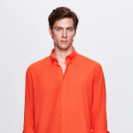 Comfort Turuncu Düğmeli Yaka Rahat Kesim Keten Görünümlü %100 Pamuk Gömlek