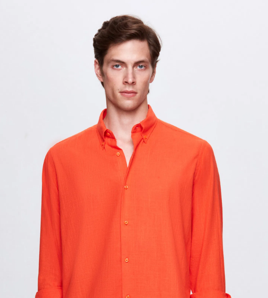 Comfort Turuncu Düğmeli Yaka Rahat Kesim Keten Görünümlü %100 Pamuk Gömlek